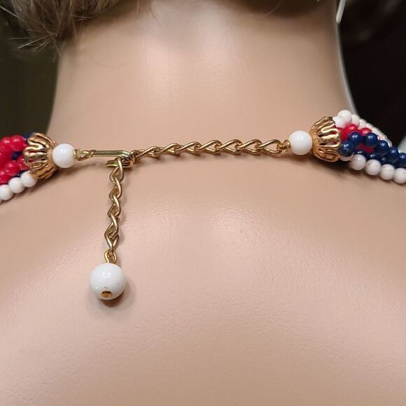 Vintage Multi Strand Red, White and Blue Necklace - Picture 5 of 13